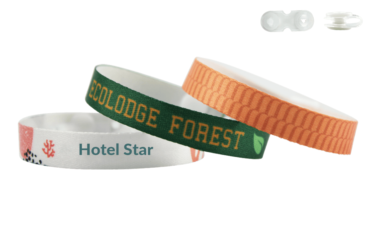 Recycled P. E. T.  satin wristbands 10mm "Special camping" with button clip closure, Zurich