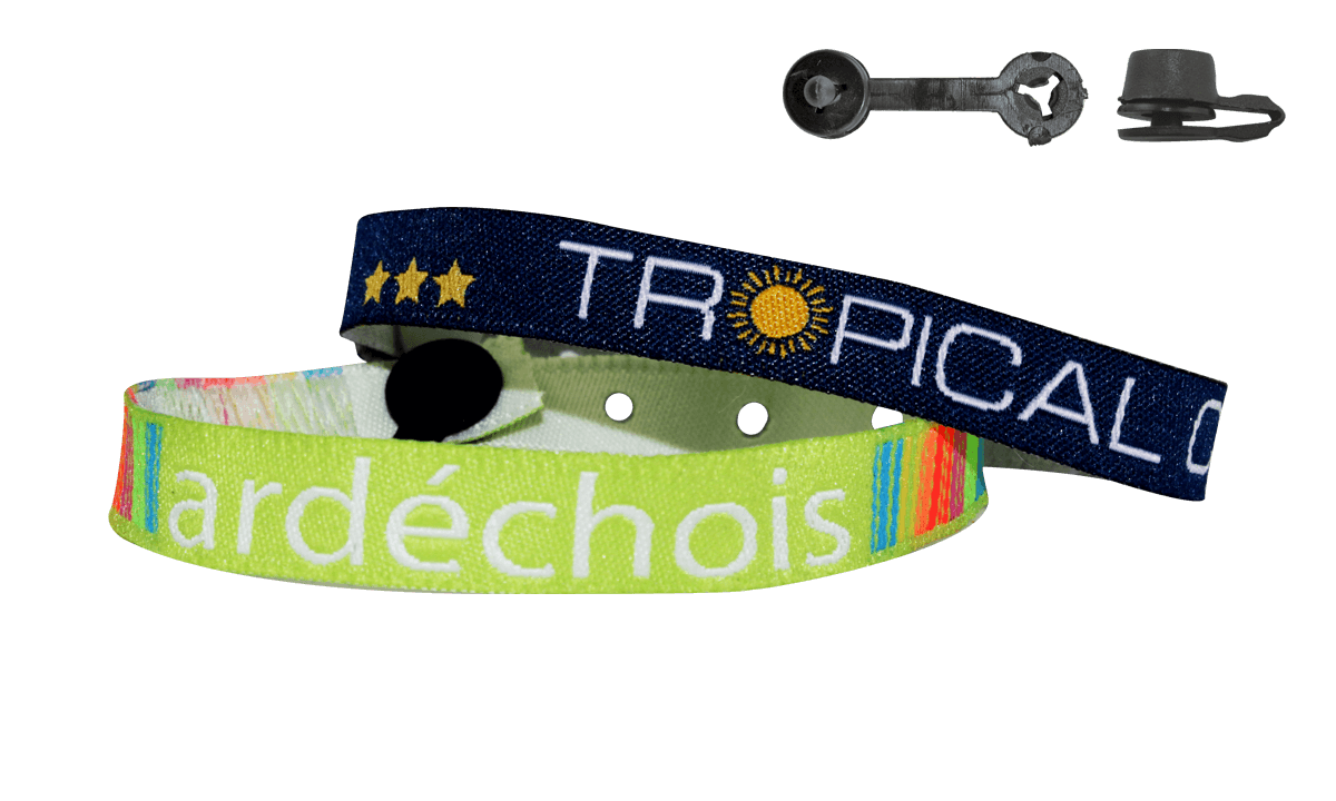 Woven wristbands 10mm "Special camping" with plastic round clip closure, Nice