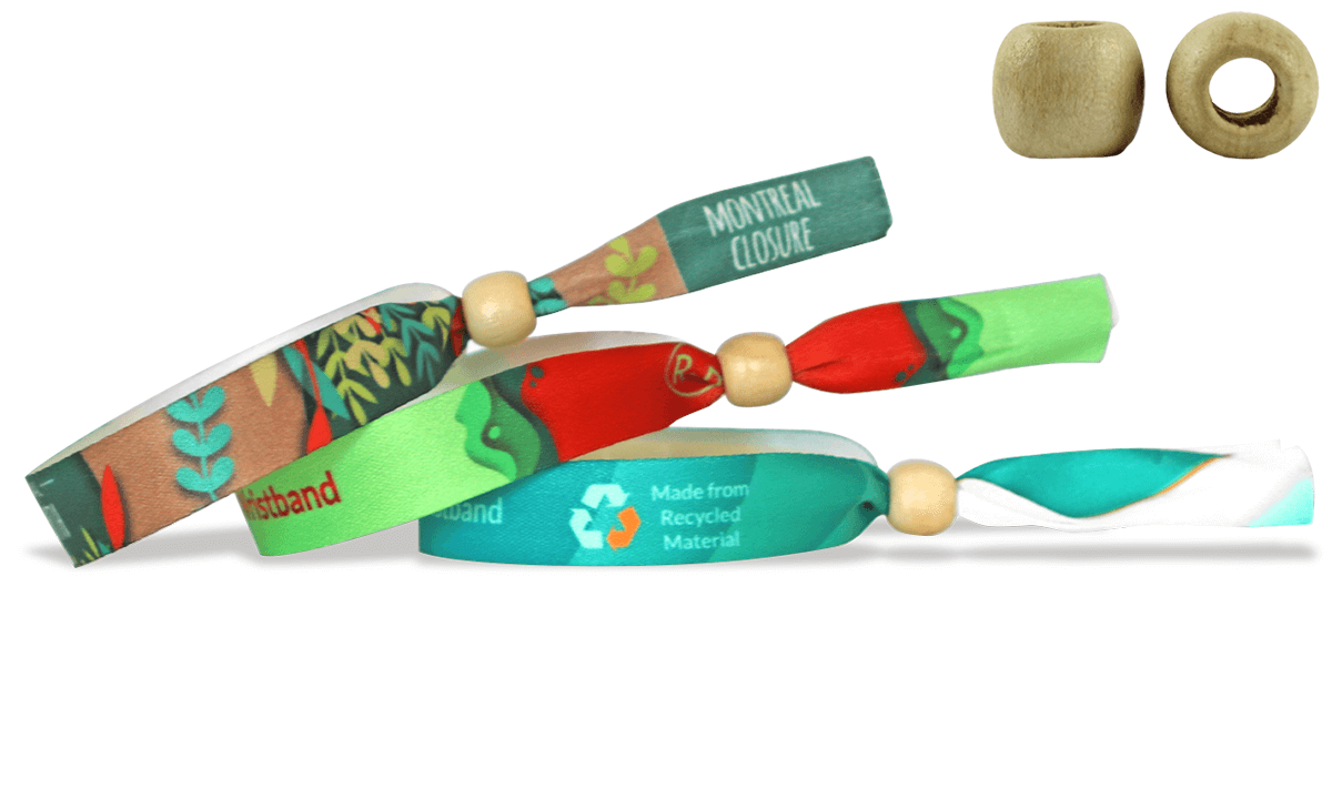 Recycled P. E. T. satin wristbands with reusable wooden closure, Montreal