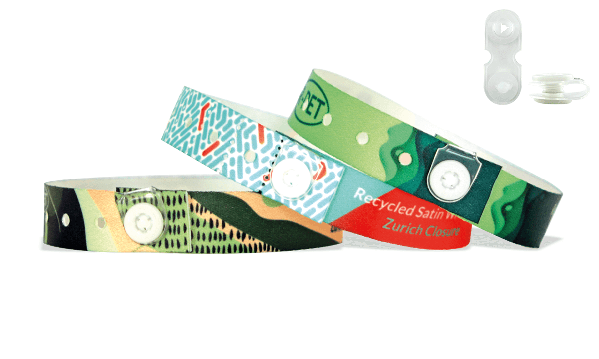 Recycled P. E. T.  satin wristbands with button clip closure, Zurich
