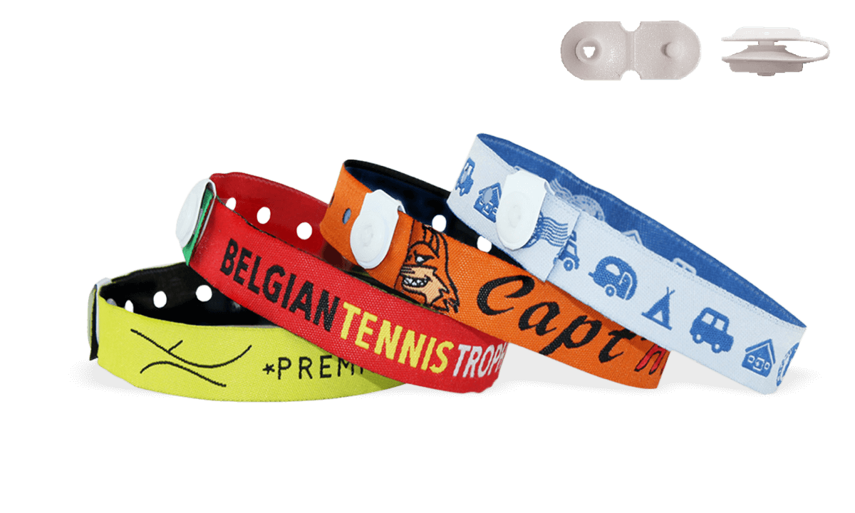 Woven wristbands with vinyl button clip closure, St Tropez