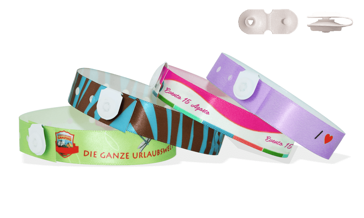 Satin wristbands with vinyl button clip closure, St Tropez