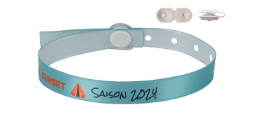 Satin wristbands 10mm "Special camping" with vinyl button clip closure, St Tropez