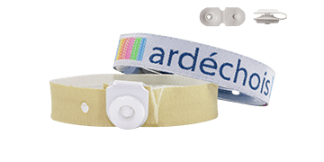 Woven wristbands 10mm "Special camping" with vinyl button clip closure, St Tropez