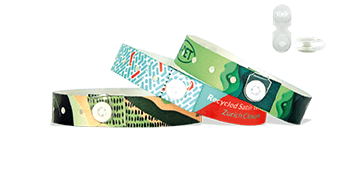 Recycled P. E. T.  satin wristbands with button clip closure, Zurich
