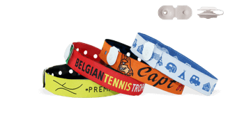 Woven wristbands with vinyl button clip closure, St Tropez